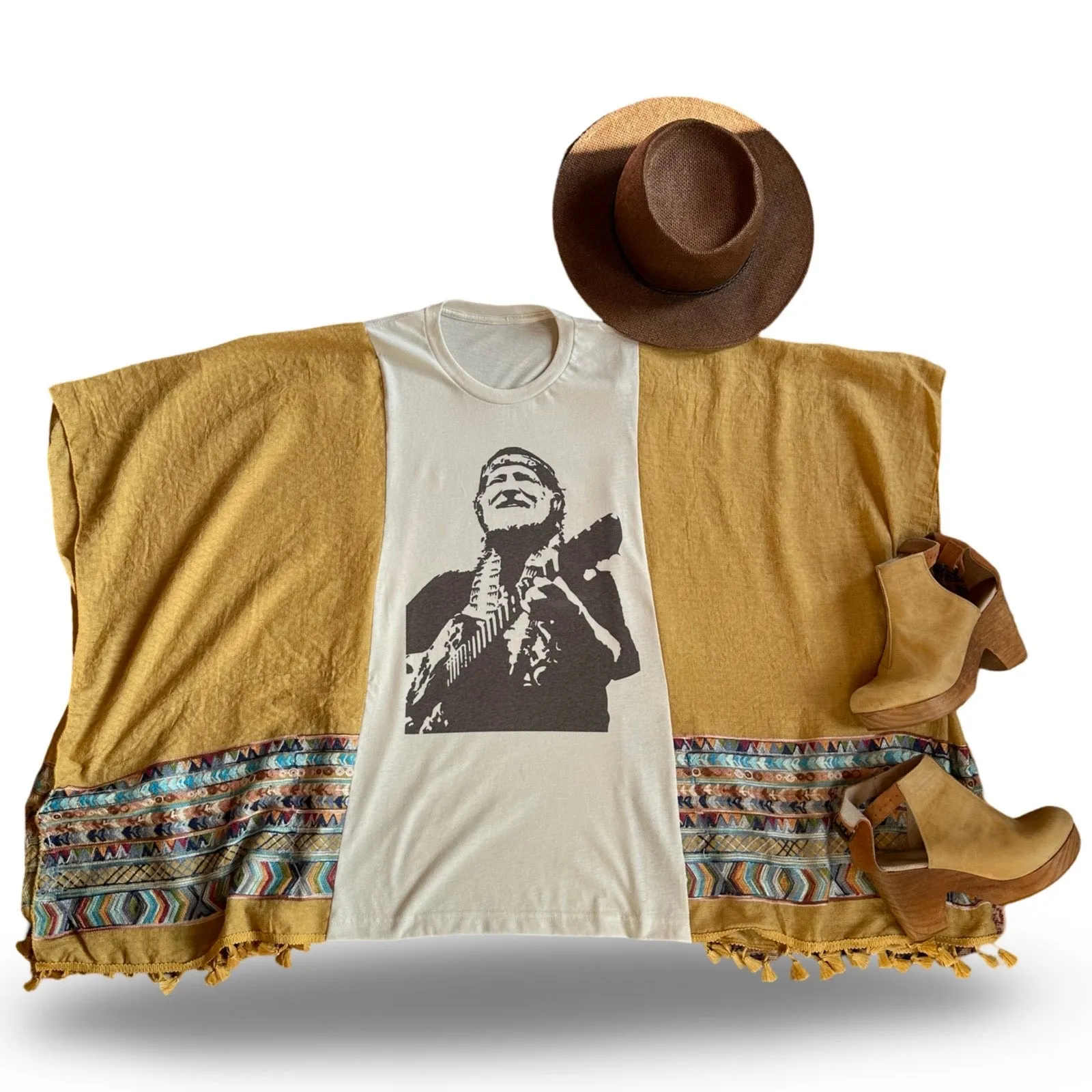 Willie Nelson Inspired Golden Yellow Tassel Embroidered Poncho