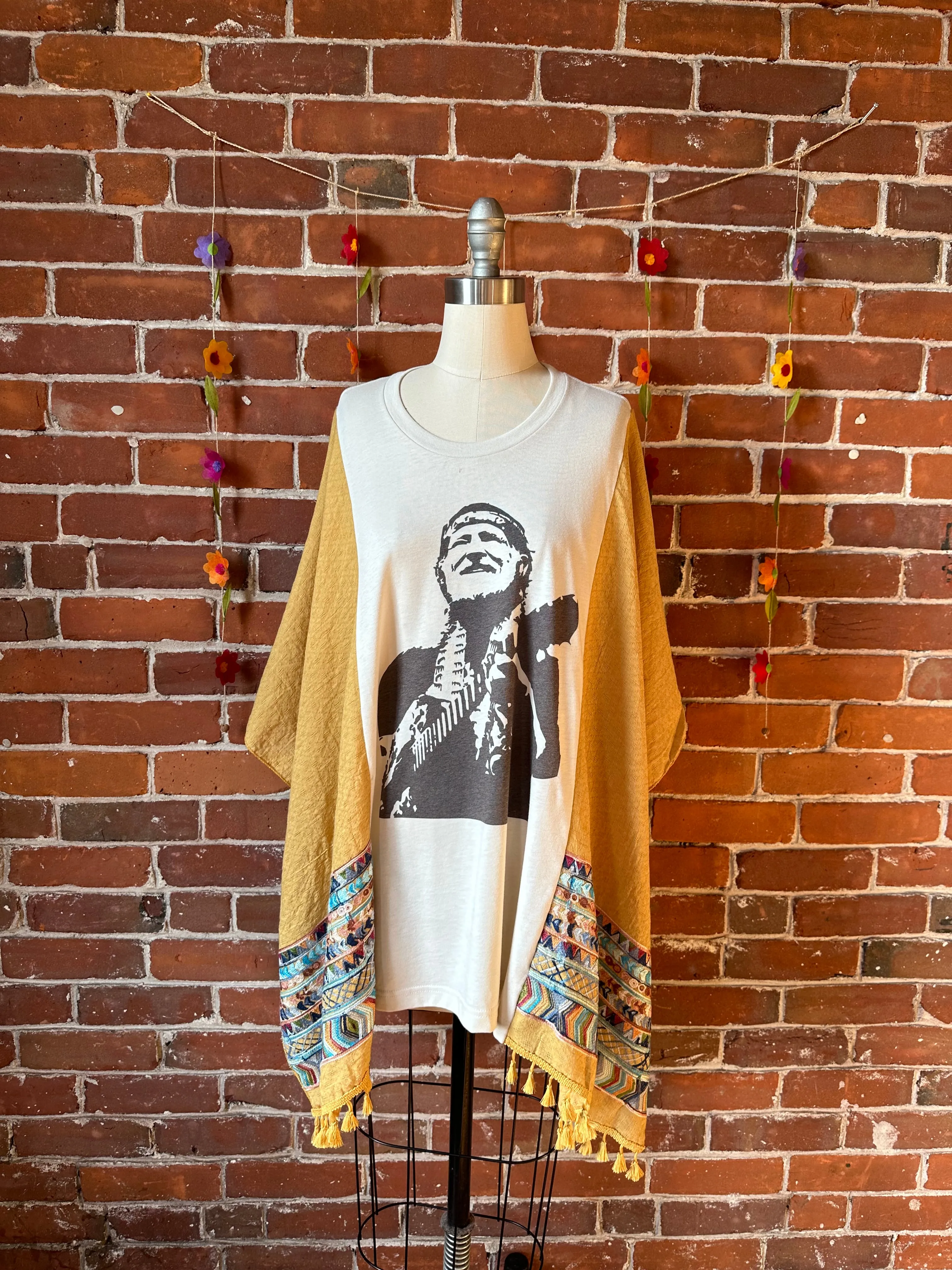 Willie Nelson Inspired Golden Yellow Tassel Embroidered Poncho