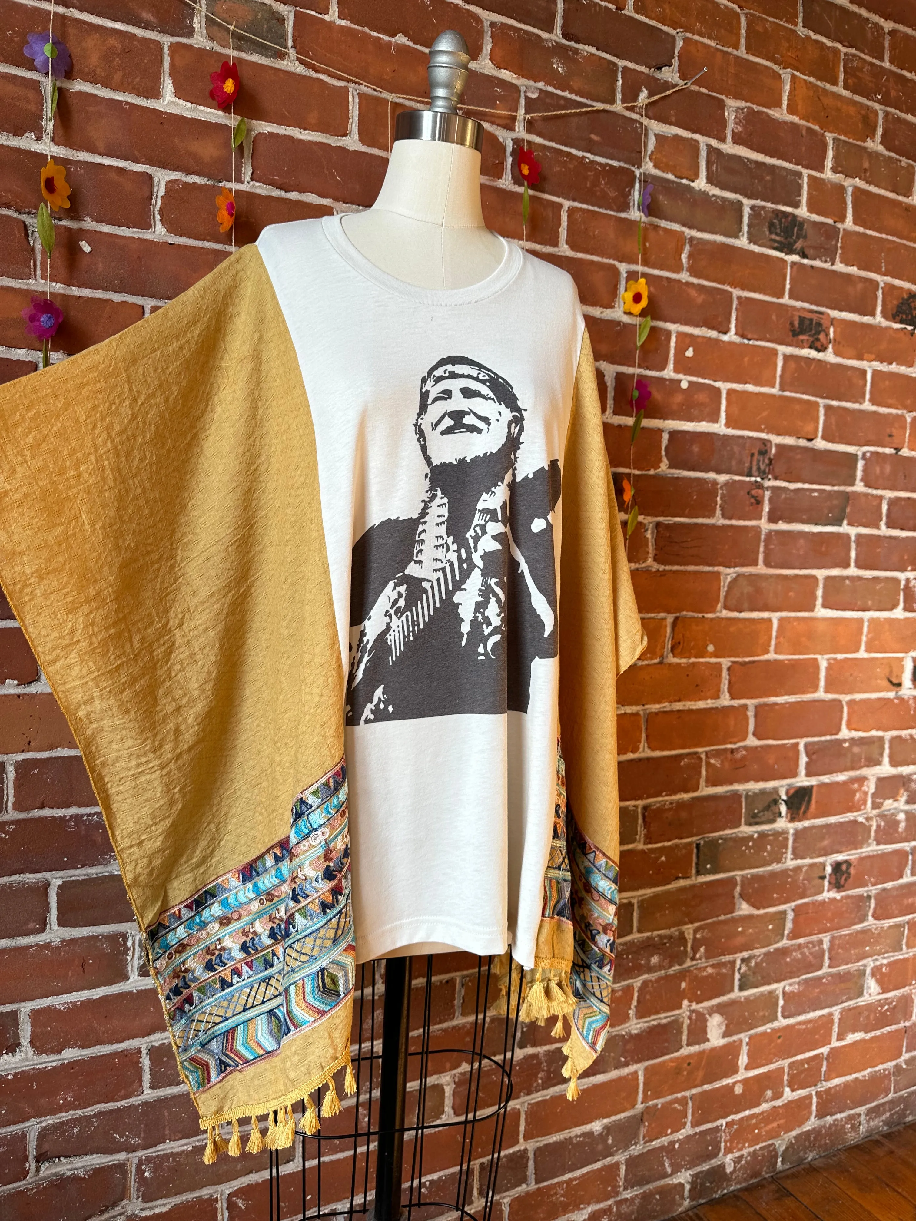 Willie Nelson Inspired Golden Yellow Tassel Embroidered Poncho