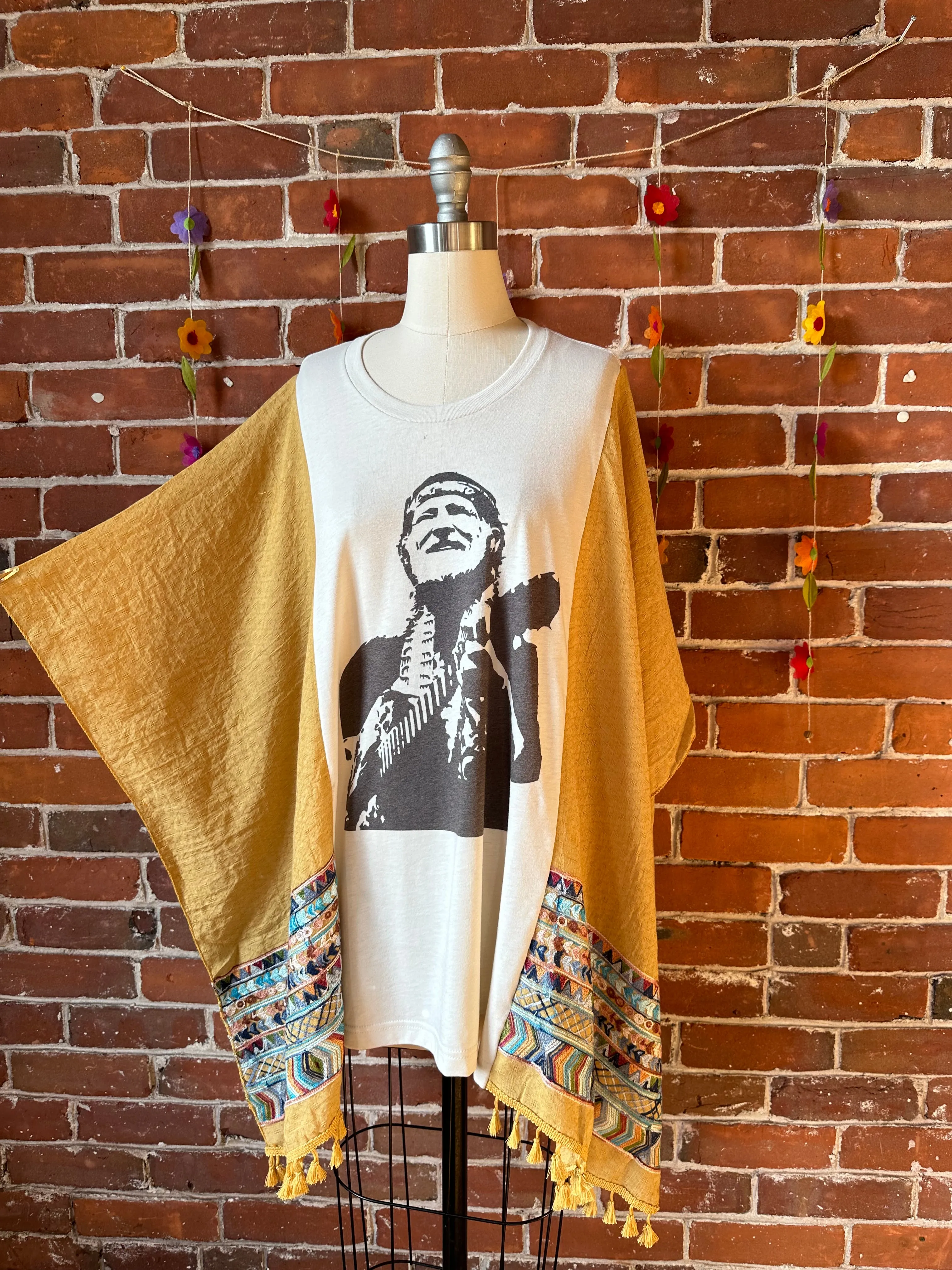 Willie Nelson Inspired Golden Yellow Tassel Embroidered Poncho