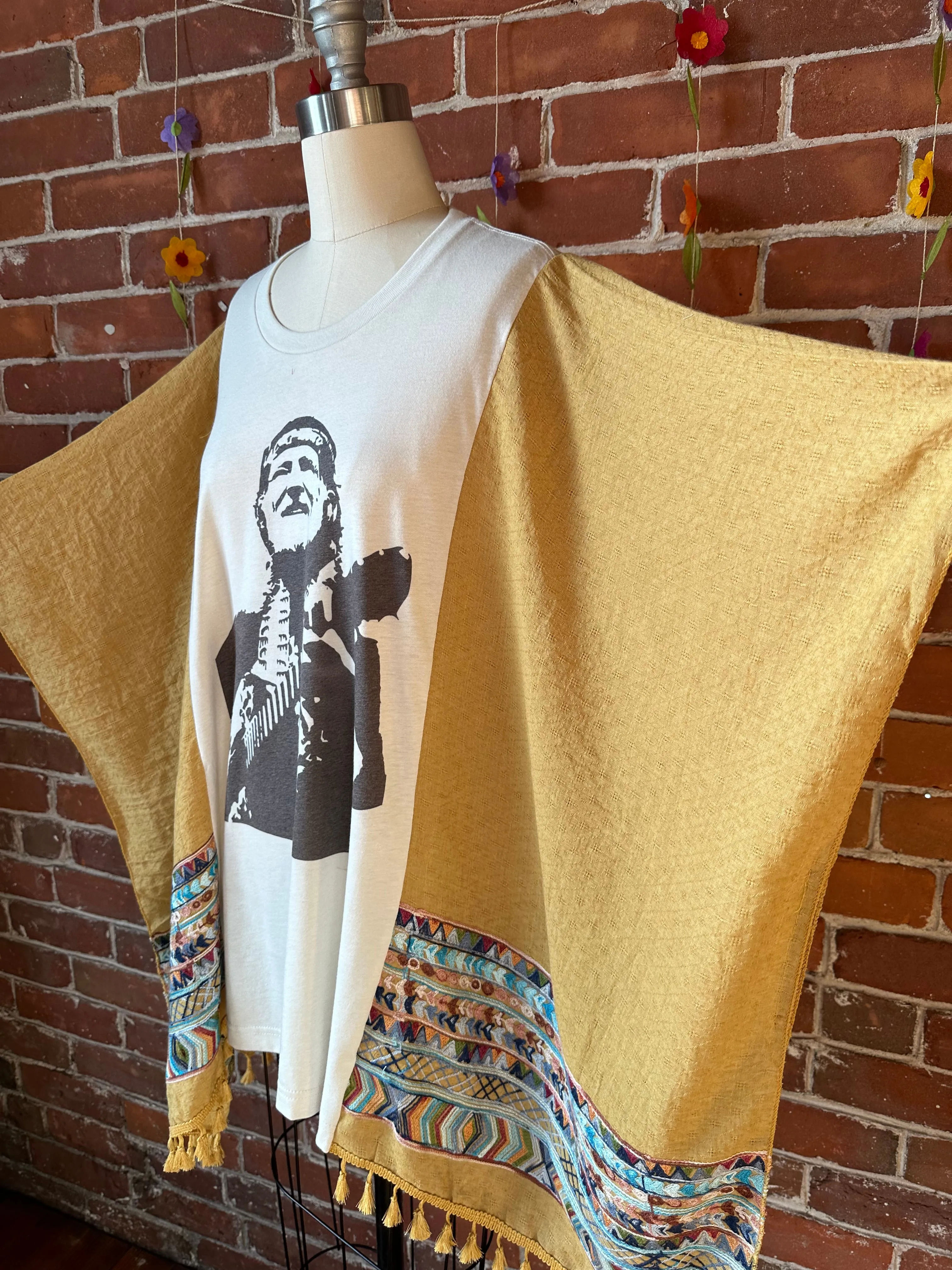 Willie Nelson Inspired Golden Yellow Tassel Embroidered Poncho