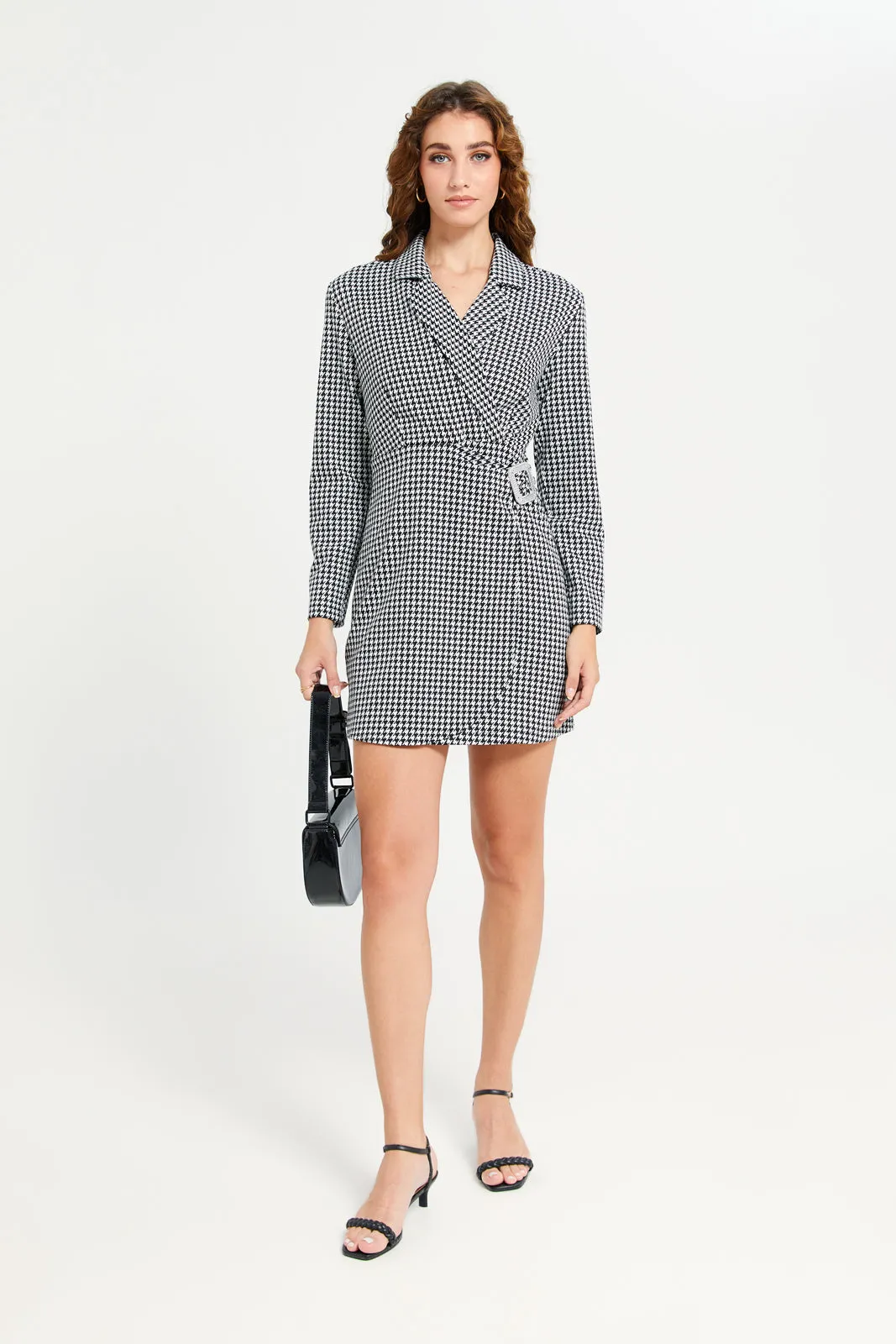 Women Black And White Checked Wrap Buckle Dress