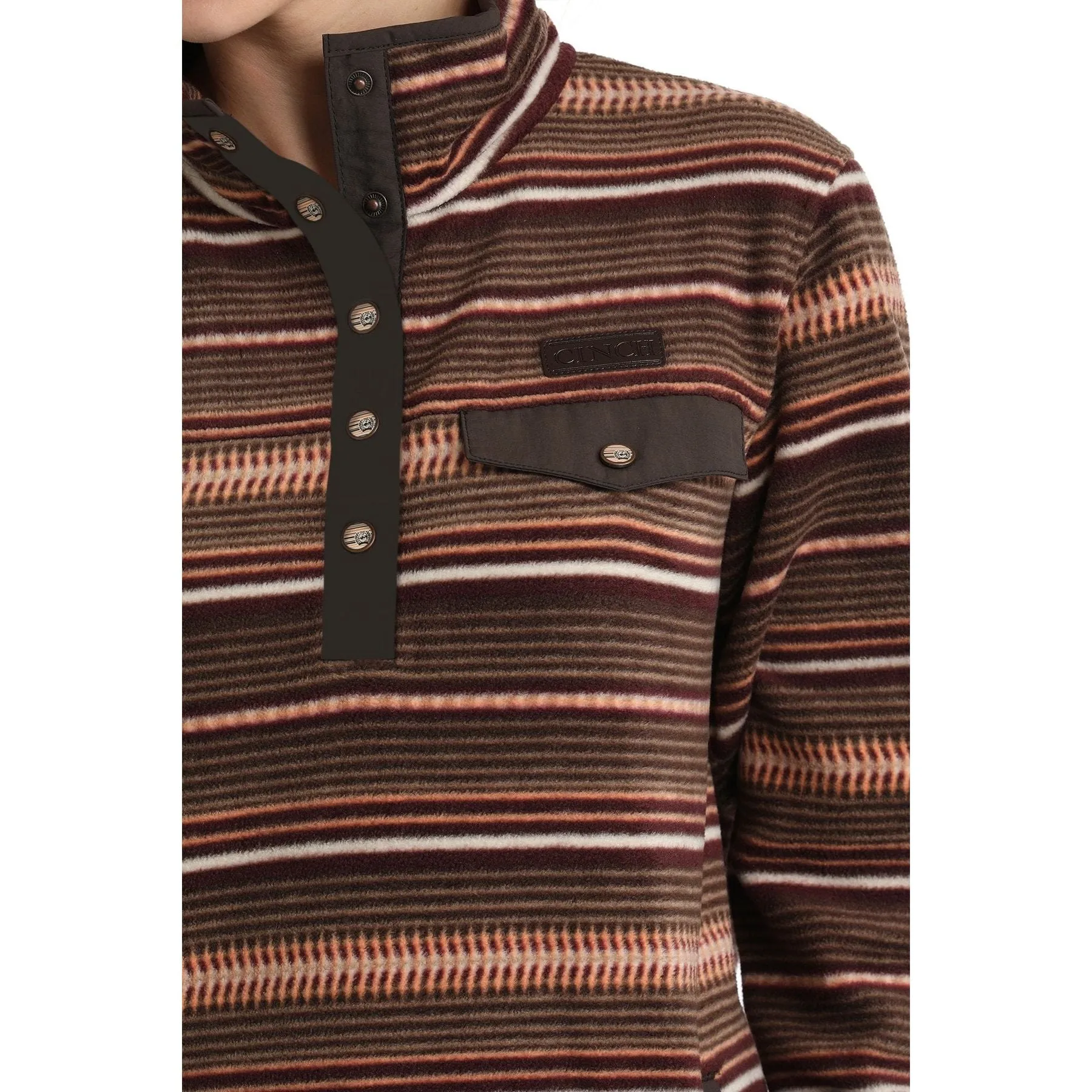 Women's Cinch Striped Fleece Pullover - Brown/Coral