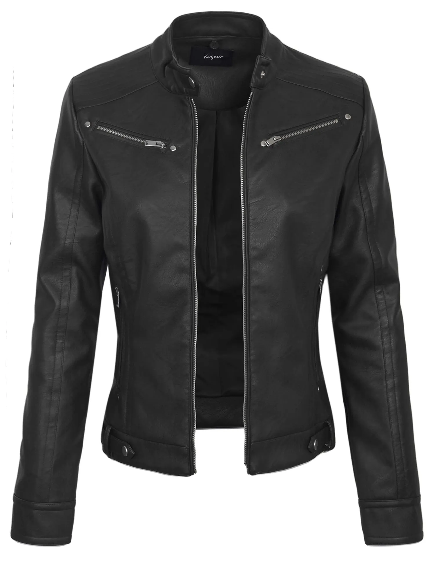 Womens Faux PU Leather Zip Up Casual MOTO Jacket with Hoodie