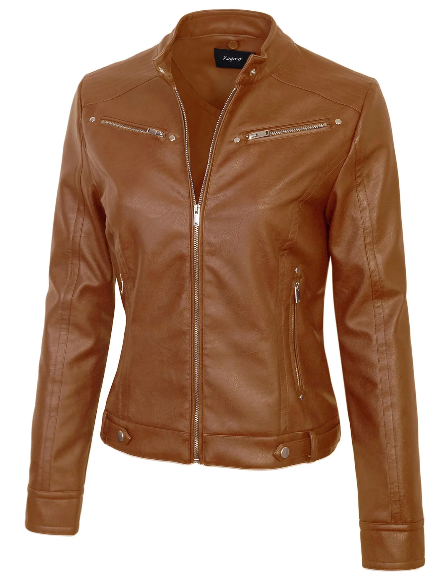 Womens Faux PU Leather Zip Up Casual MOTO Jacket with Hoodie