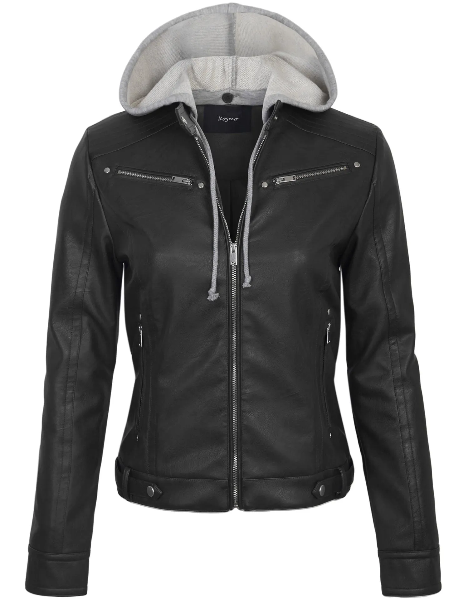 Womens Faux PU Leather Zip Up Casual MOTO Jacket with Hoodie