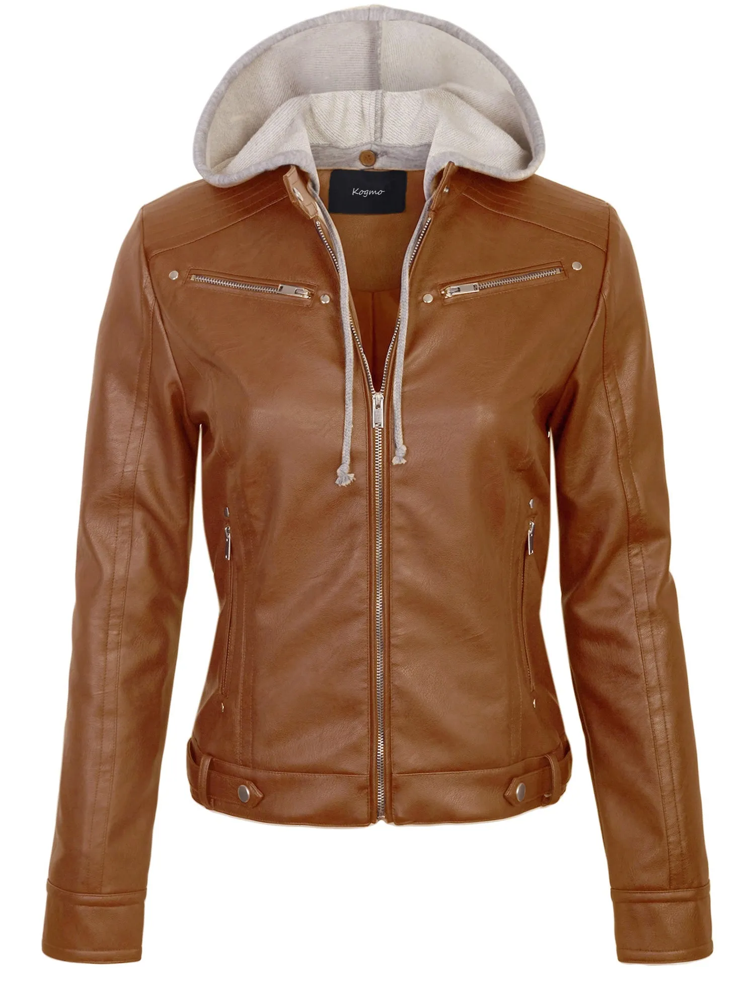 Womens Faux PU Leather Zip Up Casual MOTO Jacket with Hoodie