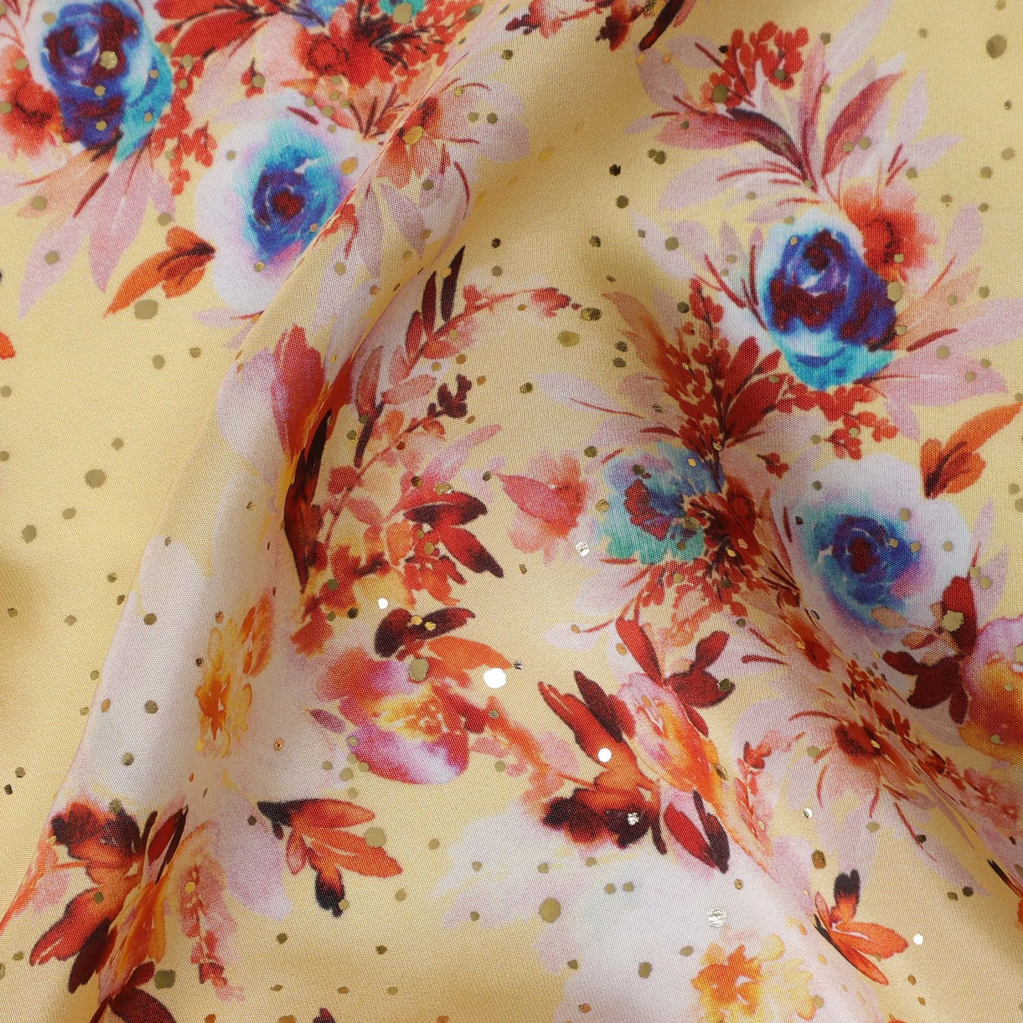 Yellow Indian Viscose Crepe Fabric with Foil, Floral Print in Pink, Blue & Orange, 110 cm Width-D20928