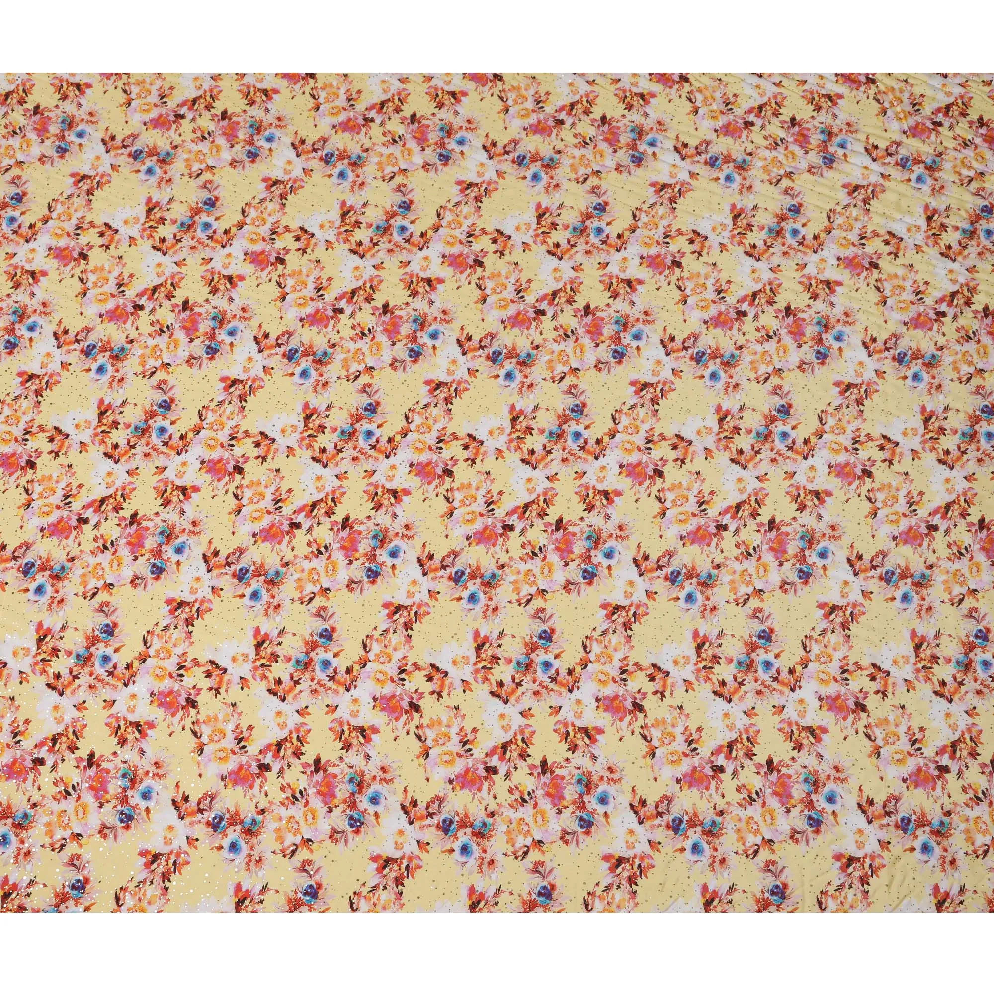 Yellow Indian Viscose Crepe Fabric with Foil, Floral Print in Pink, Blue & Orange, 110 cm Width-D20928