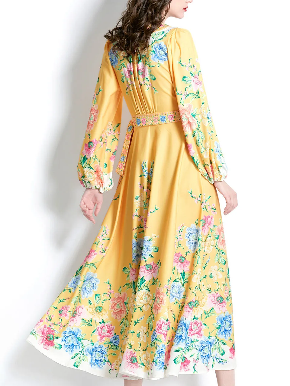 Yellow V Neck Wrap Bohemian Dress Maxi Dress