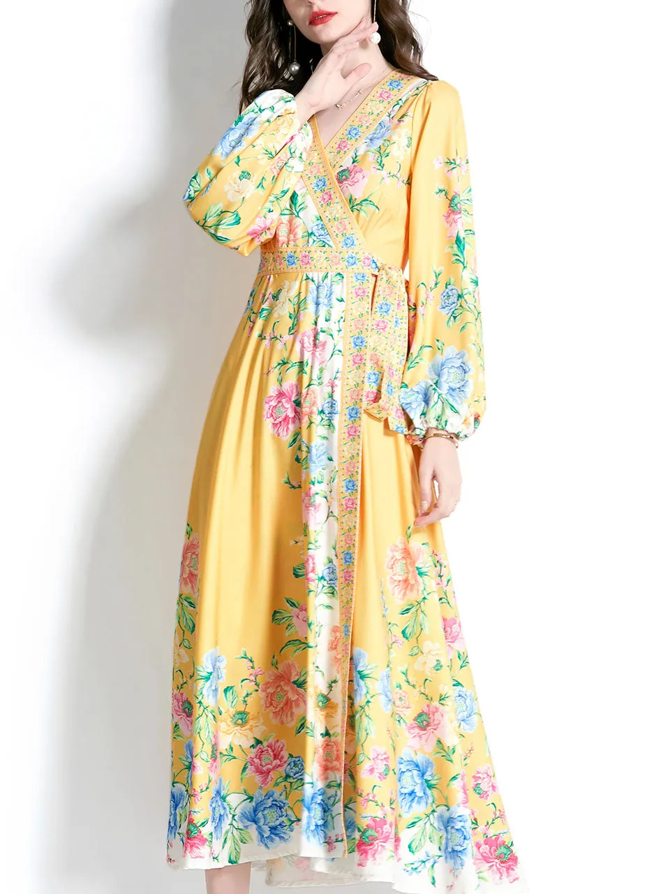 Yellow V Neck Wrap Bohemian Dress Maxi Dress